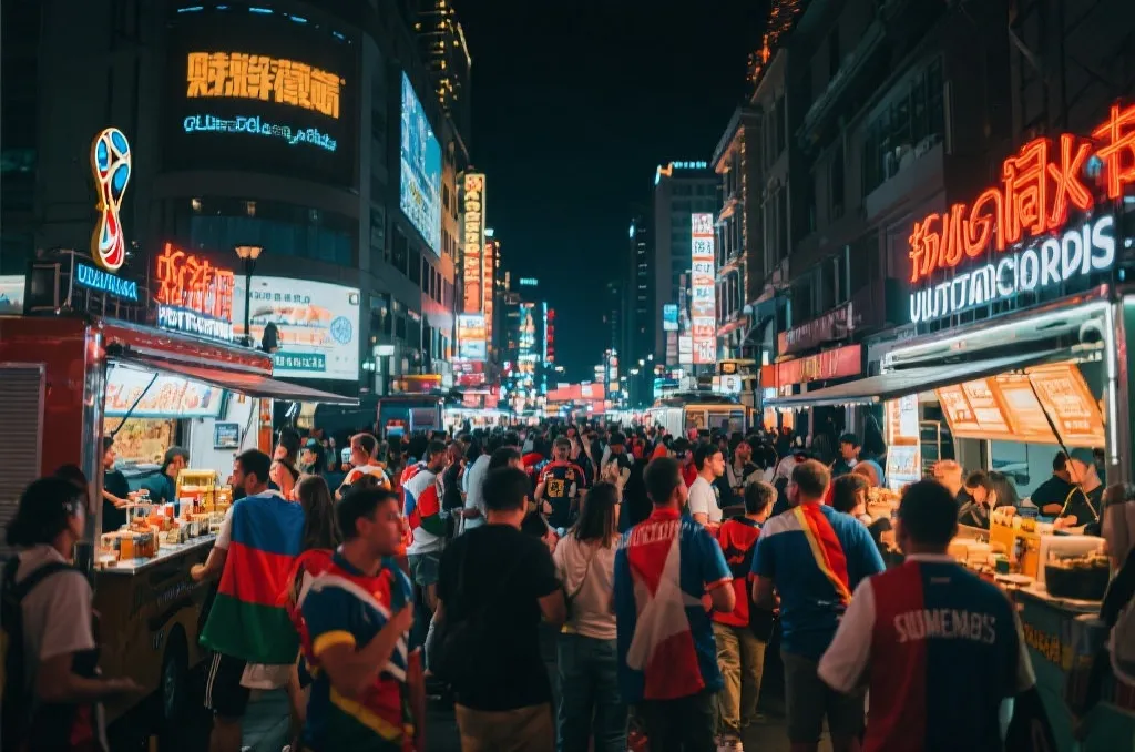 世界杯城市夜景与球迷街头聚集